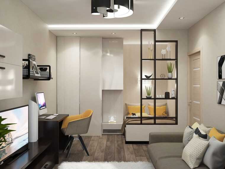 Дизайн спальни-гостиной 18 кв. м (79 фото): интерьер и зонирование двух комнат в одной, разделение совмещенных зала и спальни в квартире, планировка прямоугольной комнаты