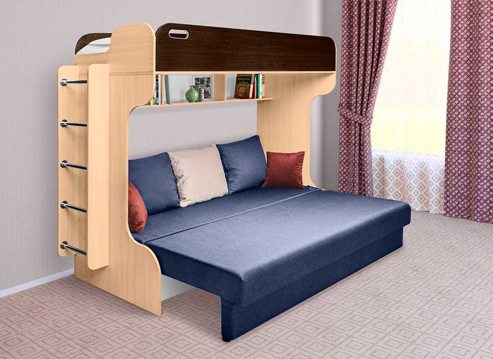 Диван-трансформер в двухъярусную кровать для двоих детей: со столом или шкафом, особенности конструкции, плюсы и минусы, разновидности